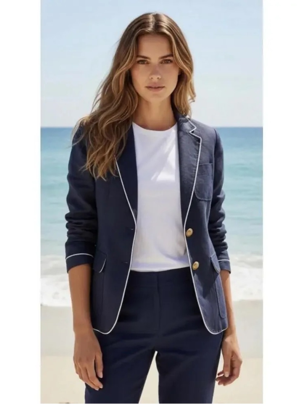 J.Crew Rhodes Linen Navy Blue Blazer Size 8 Preppy Nautical Vacation - Picture 2 of 7